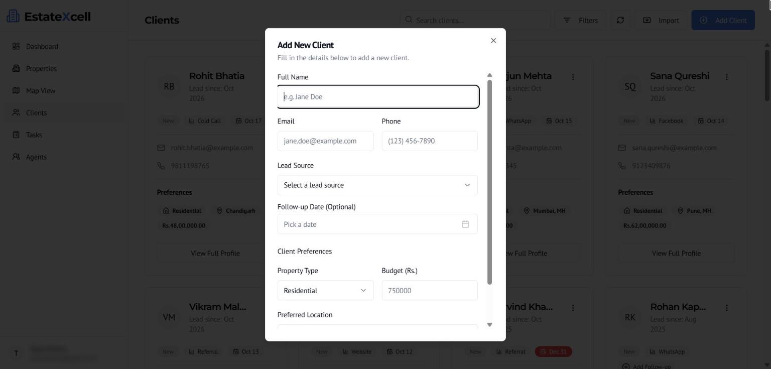 EstateXcell Add New Client form with lead source, follow-up date and preferences