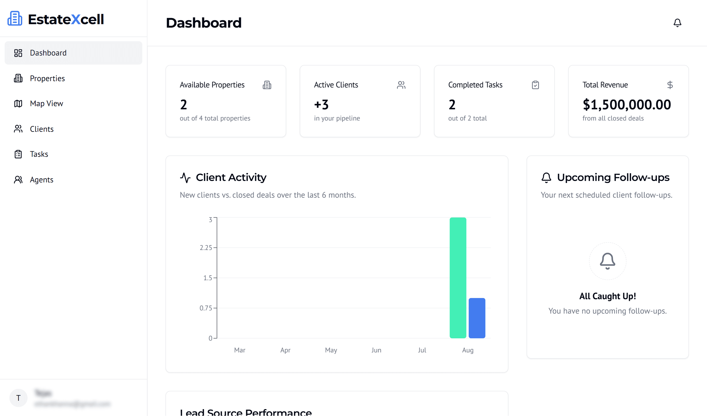 EstateXcell dashboard with properties, clients, tasks and upcoming follow-ups