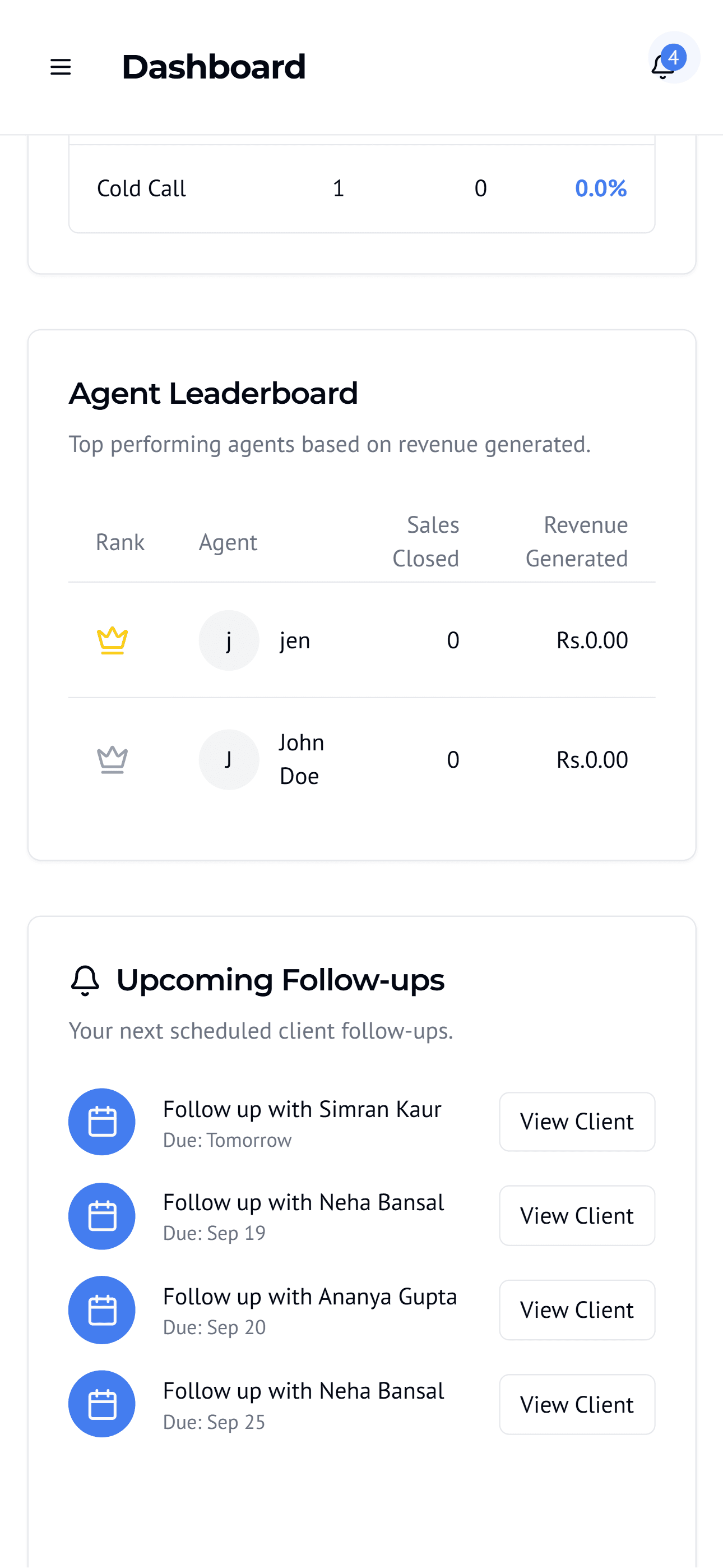 EstateXcell Mobile showing the agent leaderboard and upcoming follow-ups