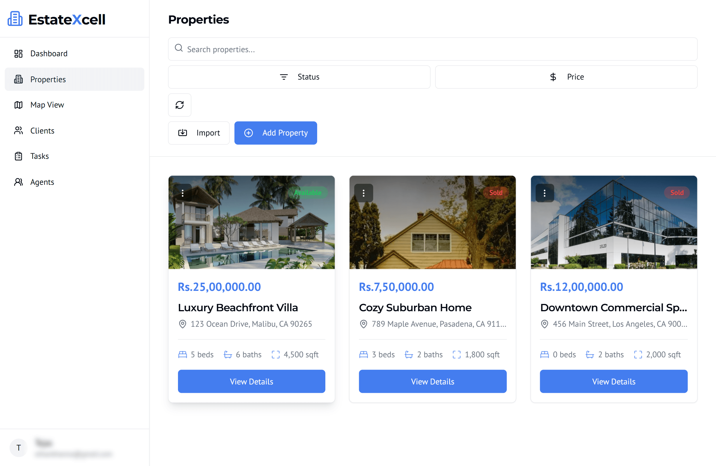 EstateXcell Properties screen with listing photos, price, status and size